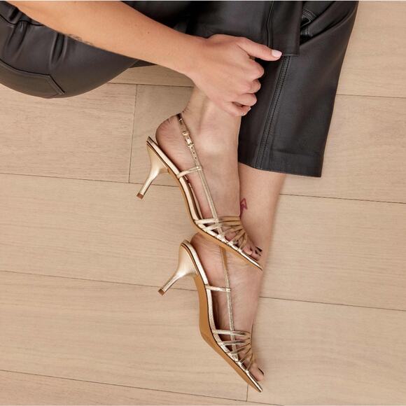 Reformation Elsie Heeled Sandal Size 7 Metallic Gold Strappy Slingback - Picture 3 of 12